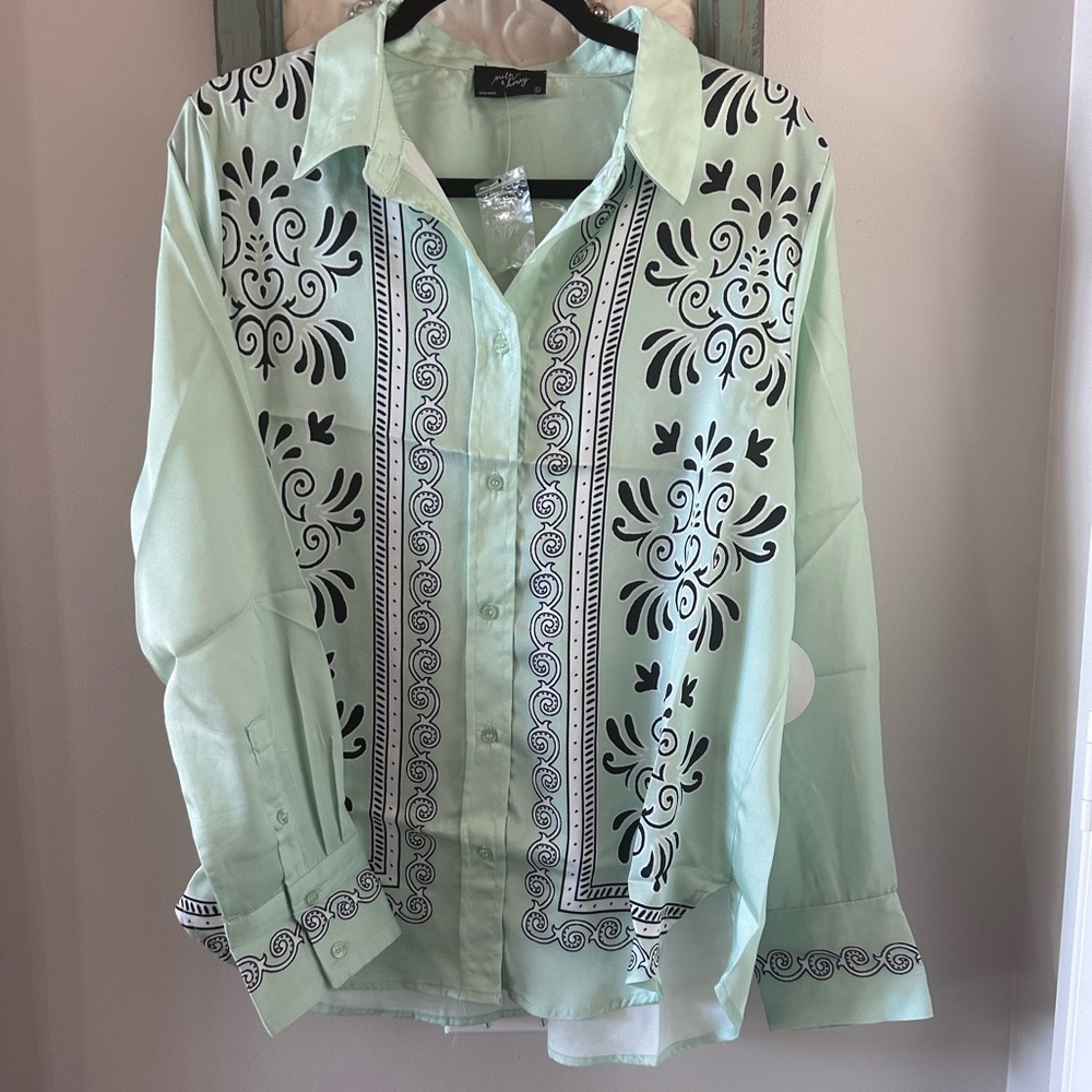 Rafaella Mint Green Printed Button-Front Blouse